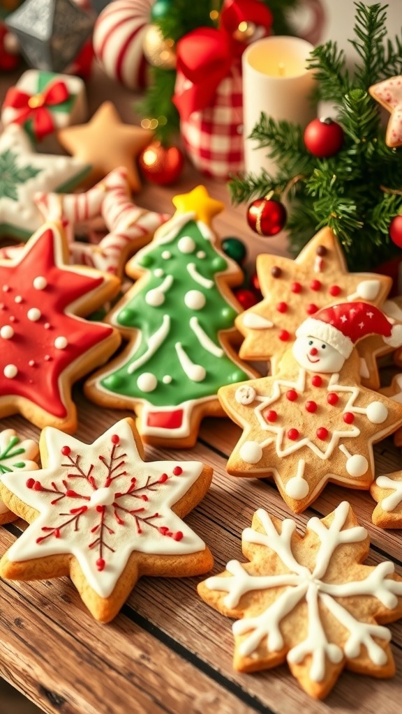 A variety of decorated Christmas sugar cookies in festive shapes on a wooden table.